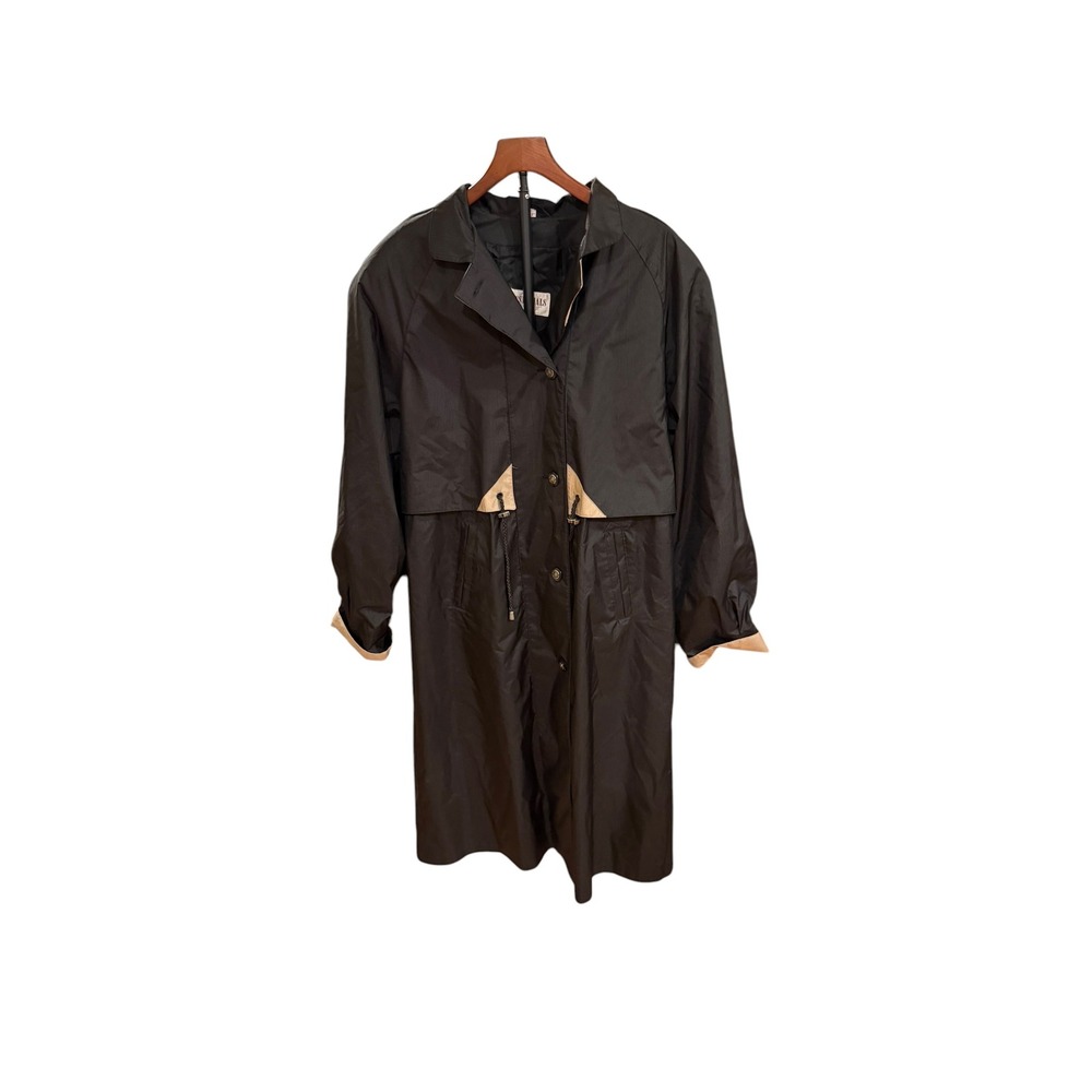 Vtg 90s Essentials Worthington Black Trench Coat Tan Trim Rain‎ Jacket Womens L